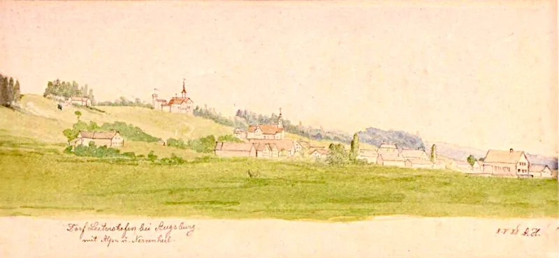 Leitershofen bei Augsburg mit Alpe und Nervenheil, aquarellierte Zeichnung von Alois Hämmerle (1862–1914), 1888-Haemmerle-1862–1914_1888_800