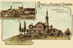 "Gruß aus Augsburgs Umgebung" Ortsansicht von Leitershofen und Waldkuralpe Nervenheil, Ansichtskarte gelaufen 1904, Schrift und Flecken wegretuschiert