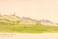 Leitershofen bei Augsburg mit Alpe und Nervenheil, aquarellierte Zeichnung von Alois Hämmerle (1862–1914), 1888-Haemmerle-1862–1914_1888_800