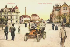Bad Saulgau Bahnhof, elegante Herrschaften in Automobil um 1910