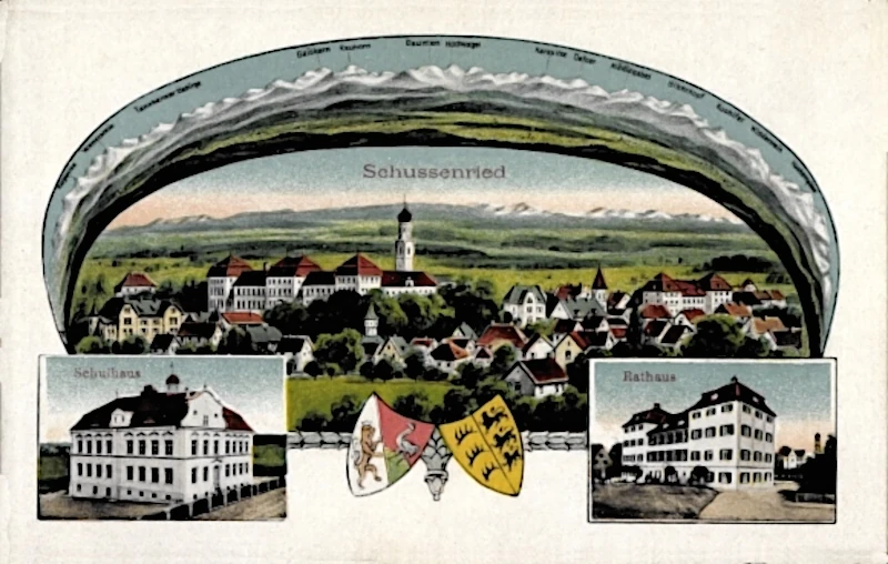 Schussenried, Wappen und Panorama, Felle um 1900