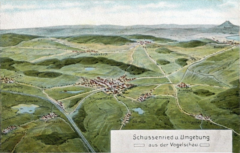 Schussenried und Umgebung aus der Vogelschau um 1910