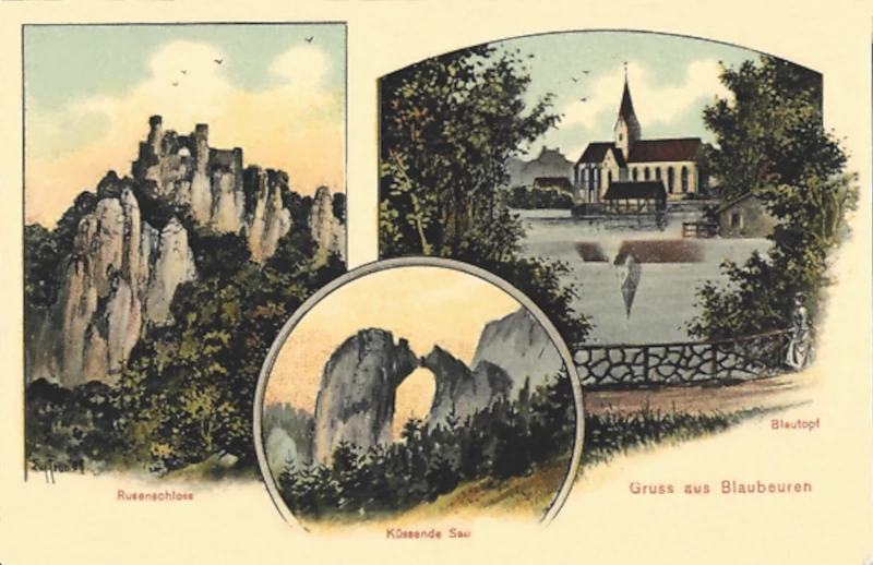 Blaubeuren_Rusenschloss_Kuessende_Sau_Blautopf_Eugen_Felle_1914_800