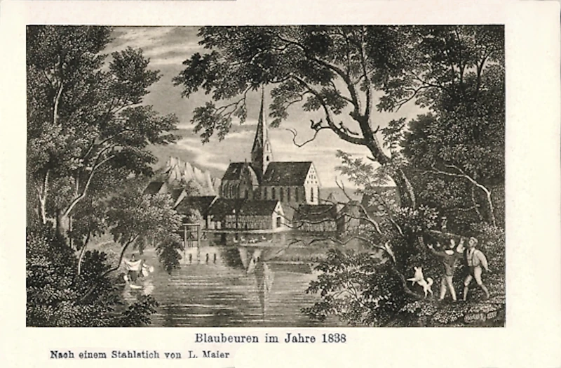 Blaubeuren_Uferpartie_mit_Kirche_im_Jahre_1838_nach_Stahlstich_von_L_Maier_800