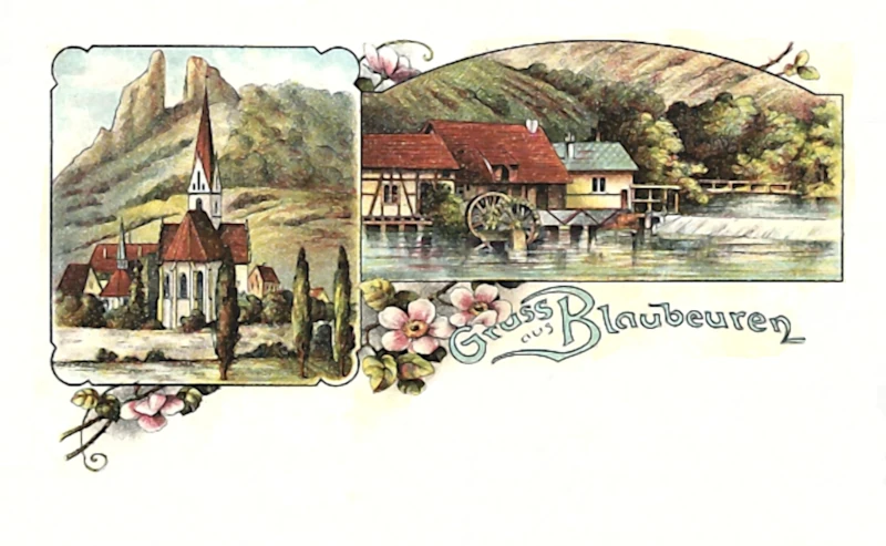 Gruss_aus_Blaubeuren_Wassermuehle_mit_Wehr_Kirche_mit_Ruine_1897_800
