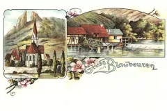 Gruss_aus_Blaubeuren_Wassermuehle_mit_Wehr_Kirche_mit_Ruine_1897_800