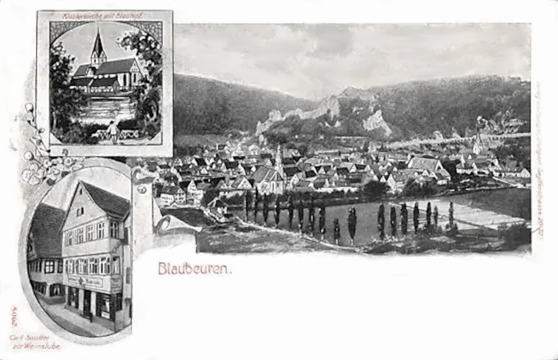 xBlaubeuren_Gasthaus_zur_Weinstube_Klosterkirche_mit_Blautopf_1903_800