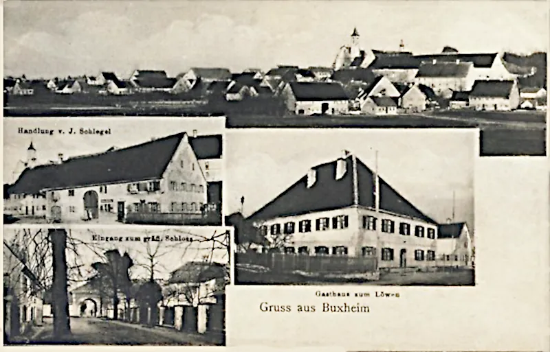 Buxheim_Gasthaus_zum_Loewen_Handlung_von_J_Schlegel_Eingang_zum_Schloss_um_1910_800