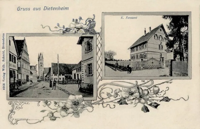 Gruss_aus_Dietenheim_mit_K_Forstamt_und_Kirche_St_Martin_1903_800