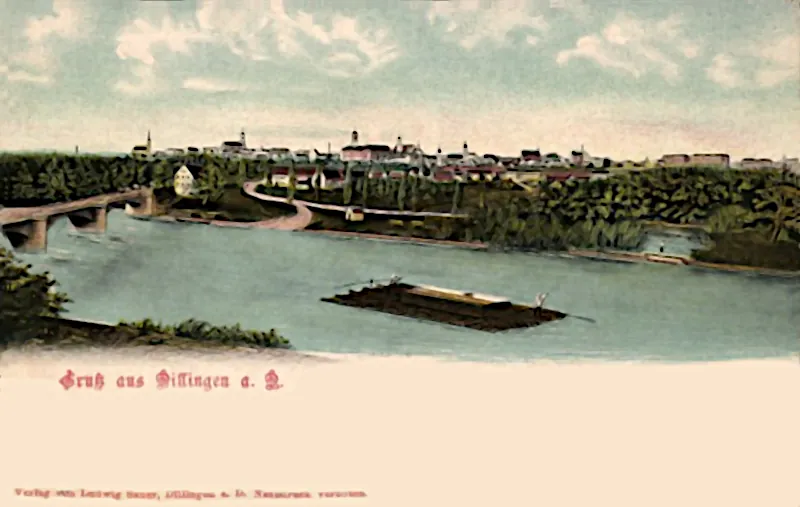 Dillingen, Blick über die Donau mit Flößer und Stadt, 1902