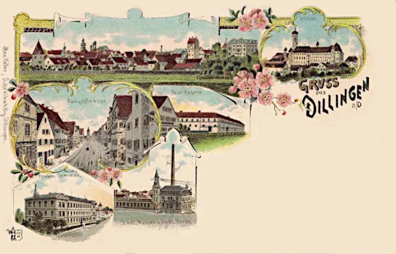 Gruss aus Dillingen mit Wasser- und Elektrizitätswerk, Knabenseminar, 1900