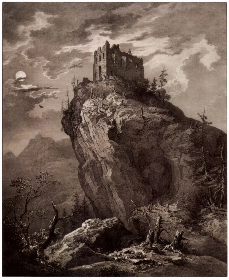Burgruine Falkenstein von Norden, Lithographie von Karl August Lebschee, 1842