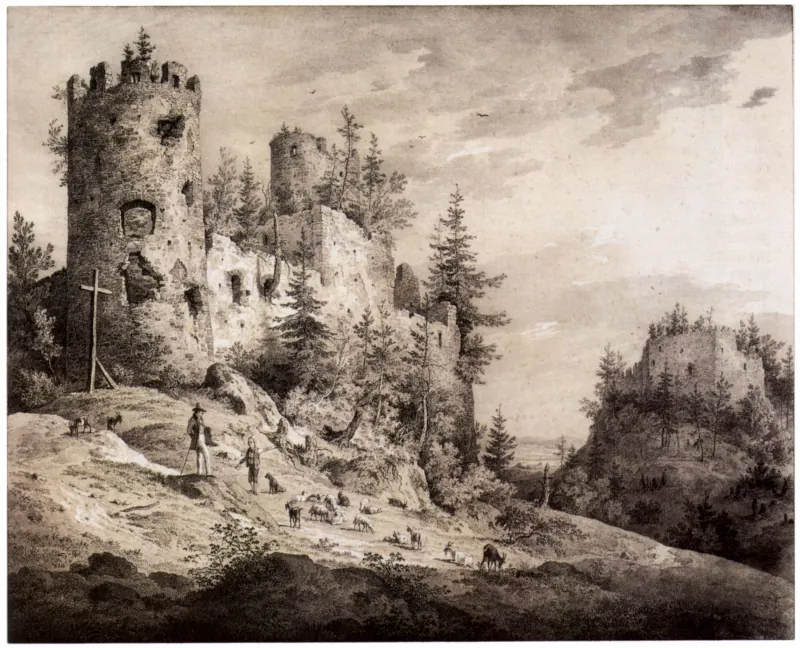 Burgruinen Hohenfreiberg und Eisenberg von Südwesten, Lithografie von Karl August Lebschee, 1842