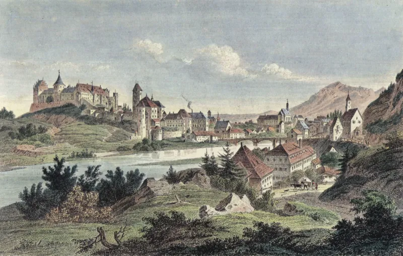 Lechufer mit Blick auf das Schloss, colorierter Kupferstich von Johann Gabriel Friedrich Poppel um 1840-