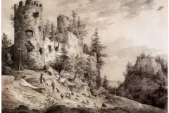 Burgruinen Hohenfreiberg und Eisenberg von Südwesten, Lithografie von Karl August Lebschee, 1842