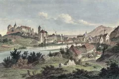 Lechufer mit Blick auf das Schloss, colorierter Kupferstich von Johann Gabriel Friedrich Poppel um 1840-