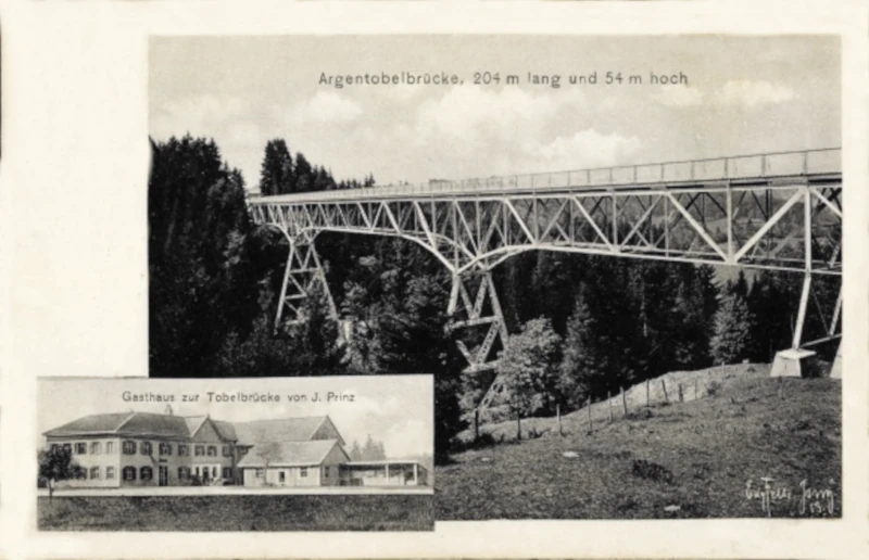1_Gruenenbach_in_Schwaben_Argentobelbruecke_Gasthaus_zur_Tobelbruecke_Eugen_Felle_um_1920_800