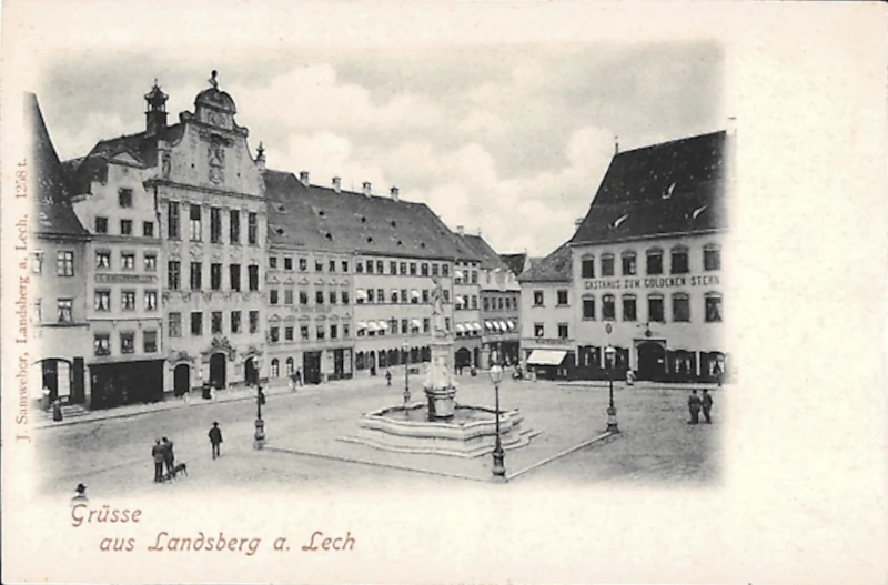 Landsberg_am_Lech_mit_Gasthaus_zum_goldenen_Stern_und_Brunnen_1901_800