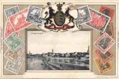 Langenargen-Passepartout-Ortsansicht-vom-Wasser-aus-Wappen-Briefmarken-Deutsches-Reich_um_1910_800