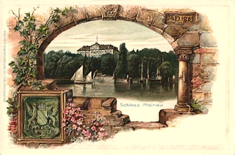 2_Passepartout-Lithographie_Mainau_Blick_zum_Schloss_mit_Seegelboot_Wappen_1902_800