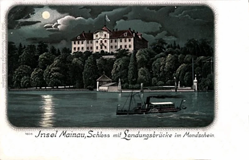 8_Mondschein-AK_Mainau_Schloss_mit_Landungsbruecke_Dampfschiff_1900_800
