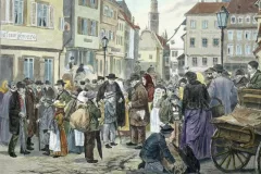 Das Vermieten der tiroler „Schwabenkinder“ in Ravensburg. Nach dem Leben gezeichnet von E. Klein in: Die Gartenlaube, 1895