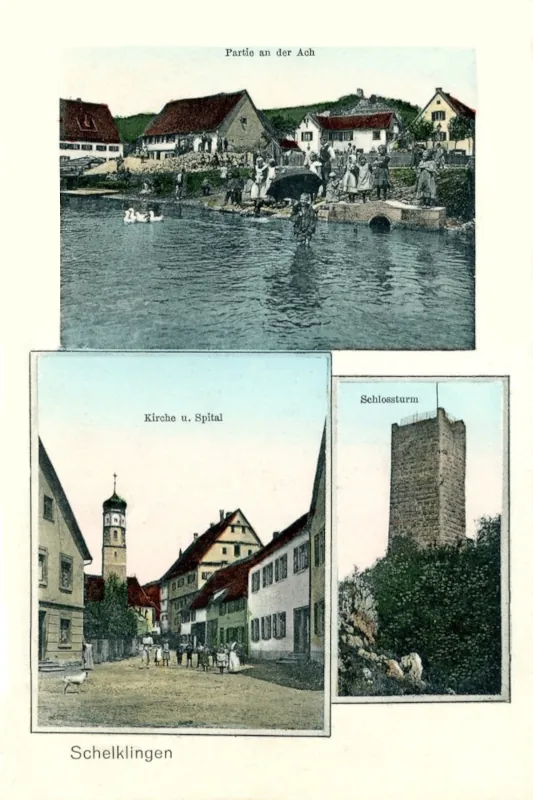 Schelklingen_Partie_an_der_Ach_Kirche_Spital_und_Schlossturm_um_1910_800h