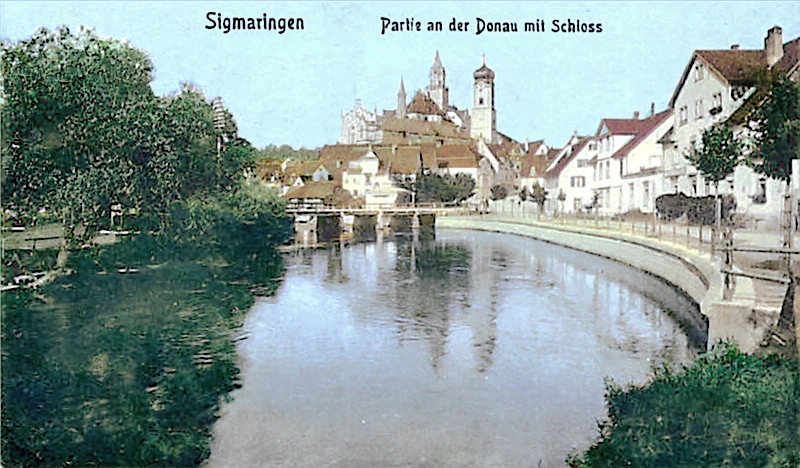 Sigmaringen Schloss mit Donau von Westen alter Verlauf (coloriert)