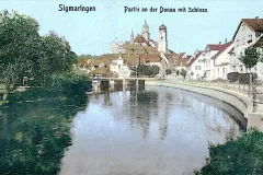 Sigmaringen Schloss mit Donau von Westen alter Verlauf (coloriert)