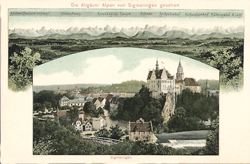 Sigmaringen_Teilansicht_Die_Allgaeuer_Alpen_mit_Hochwatzenkopf_Urbeleskarsp_Maedelgabel_von_Eugen_Felle_1907_800