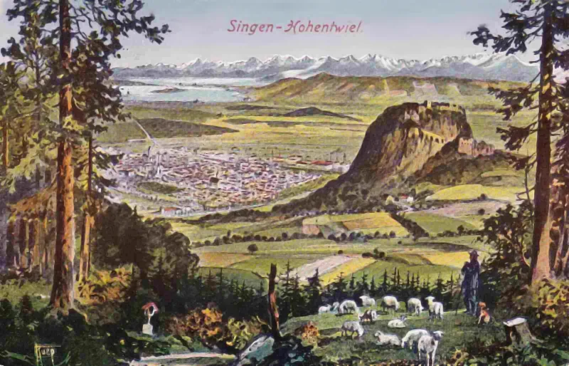 Panoramablick auf Singen Hohentwiel mit Schäfer und Schafherde 1919