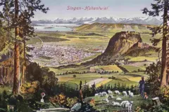 Panoramablick auf Singen Hohentwiel mit Schäfer und Schafherde 1919