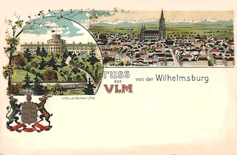 Ulm_Wilhelmsburg_Wappen_Ortsansicht_aus_der_Vogelschau_1901_800