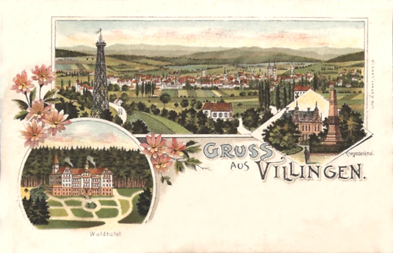 Villingen_Waldhotel_Kriegerdenkmal_Ortsansicht_aus_der_Vogelschau_1906_800