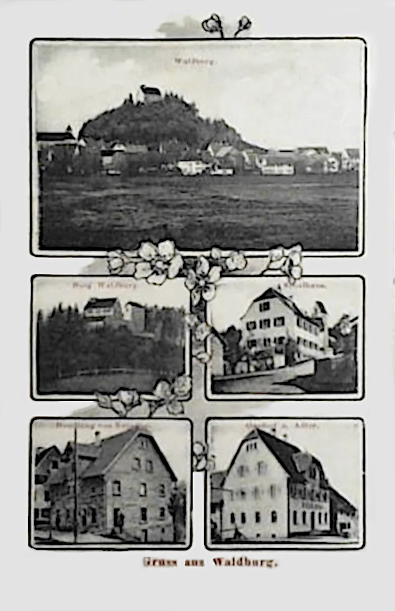 Gruss aus Waldburg, Mehrbildkarte mit Schloss, Schulhaus, Gasthof z. Adler um 1910