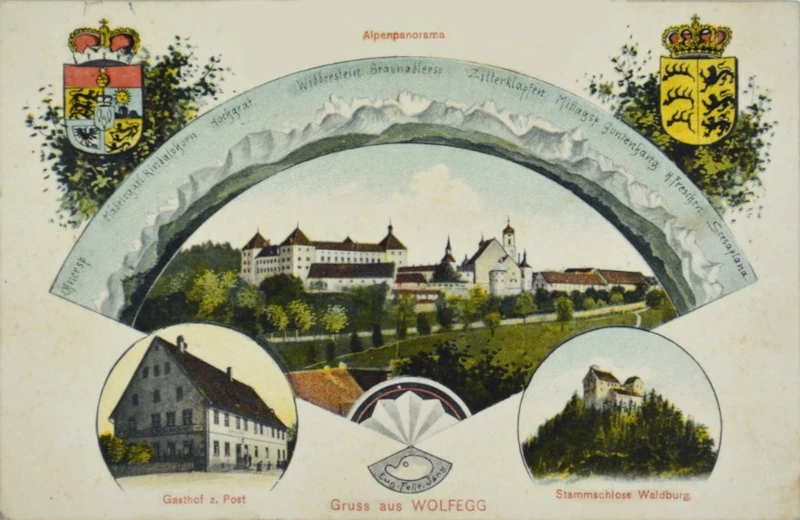 Gruss aus Wolfegg mit Alpenpanorama und Gasthaus Post, Eugen Felle um 1915