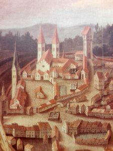 Isny vor dem Brand, Ölgemälde von 1737, Auzsschnitt Kirchenbezirk