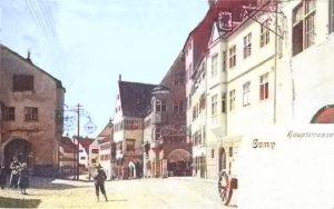 Isny im Allgäu: Blick in die Hauptstrasse, Postkarte von 1901 (coloriert vom Verfasser)