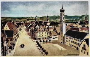 Isny im Allgäu, Blick in die Wassertorstraße. Cafe Schatten und Gasthaus Ochsen nun ohne Laubengang. Ansichtskarte um 1895, von mir coloriert