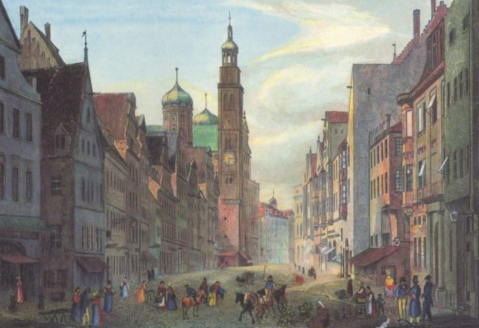 Karolinenstrasse Augsburg, Stahlstich um1840 von Heinrich Hügel