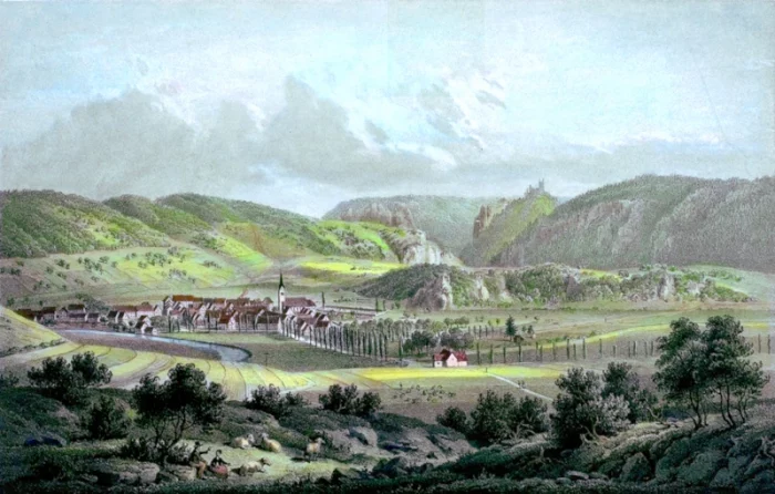 Fridingen, Stadtansicht mit junger Donau. Eberhard Emminger, 1850