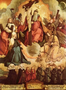 Meister von Messkirch Heilige Dreieinigkeit mit Engeln, Heiligen und Stifterfamilie von Bubenhoven um 1530