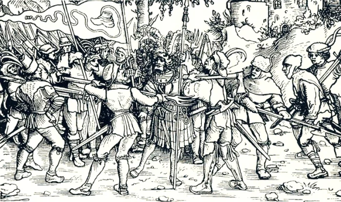 Bauernkrieg - Isny und Umgebung - Aufständische Bauern umzingeln einen Ritter Holzschnitt Trostspiegel 1539
