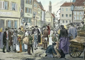 Das Vermieten der tiroler „Schwabenkinder“ in Ravensburg. Nach dem Leben gezeichnet von E. Klein in: Die Gartenlaube, 1895
