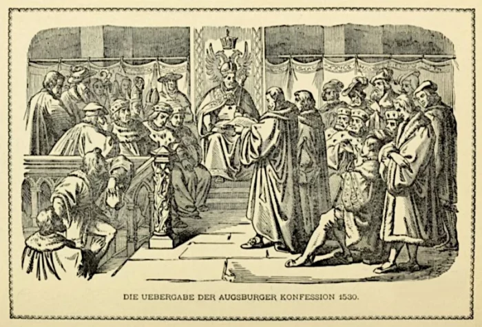 Die Übergabe der Augsburger Konfession durch Luther, Melanchton, Zwingli und Calvin 1530