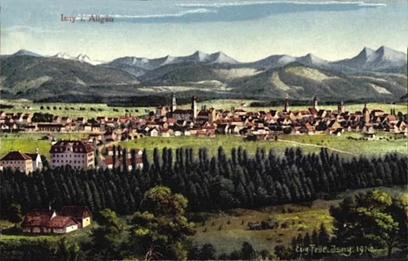 Isny im Allgäu von der Menelzhofener Höhe her, Eugen Felle 1916