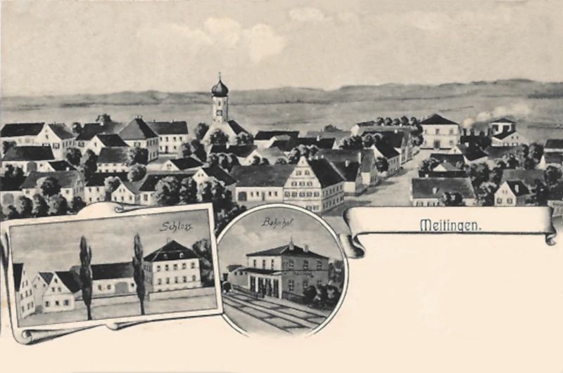 Meitingen: Bahnhof, Schloss, Ortsansicht aus der Vogelschau, 1908