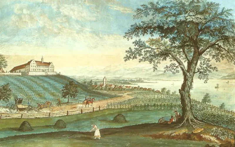 Immenstaad Schloss Hersberg, Gouache von J.S., 1819