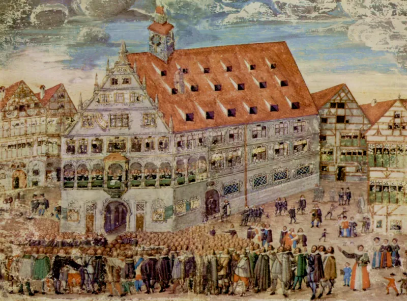 Ulm Schwörhaus. Radierung von Rudolph Ellenrieder aus dem Jahr 1823 nach einer Gouache von Jonas Arnold um 1650. Das verfleckte Bild habe ich digital retuschiert.