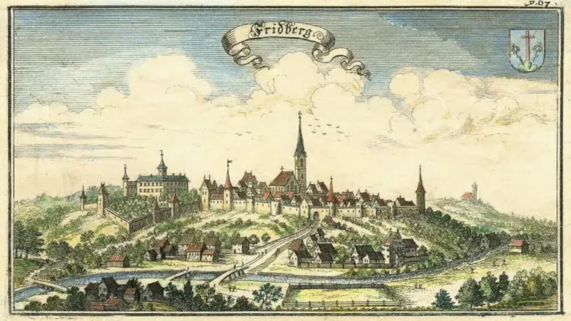 Colorierter Kupferstich von Friedberg_Bayern, Chur-Bayerischer Atlas von 1687